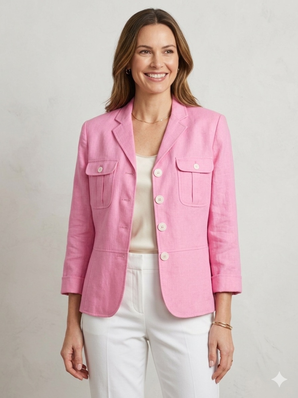Chaps Vintage Pink 100% Linen Button Up Blazer Jacket Utility Pocket Classic XL